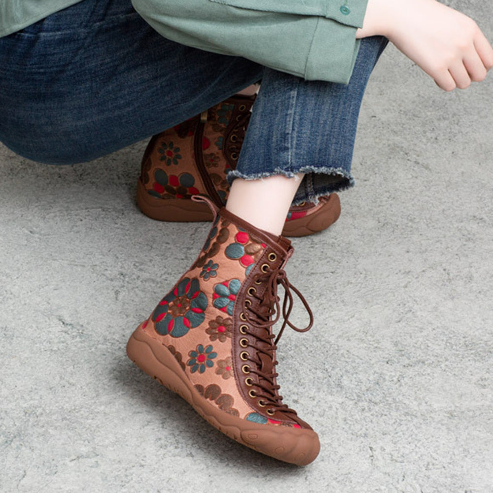 Retro Cowhide Flower Print Lace-up Single Boots