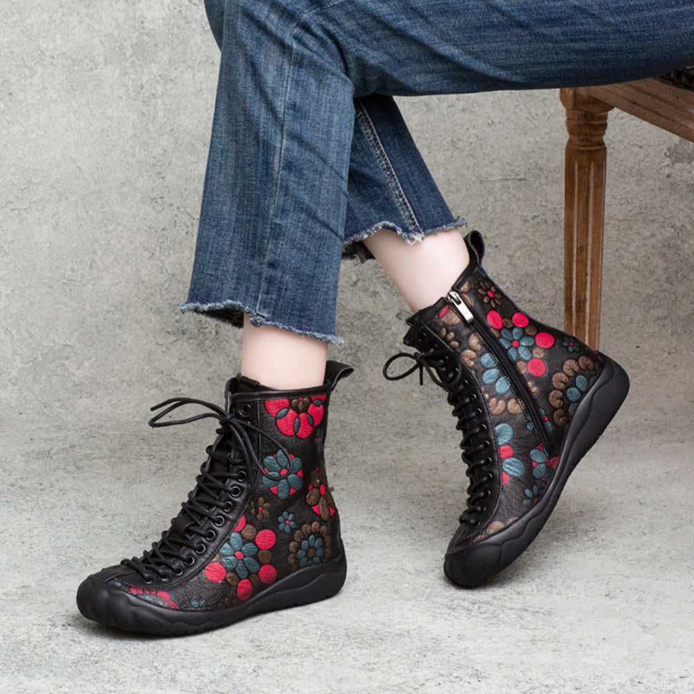 Retro Cowhide Flower Print Lace-up Single Boots