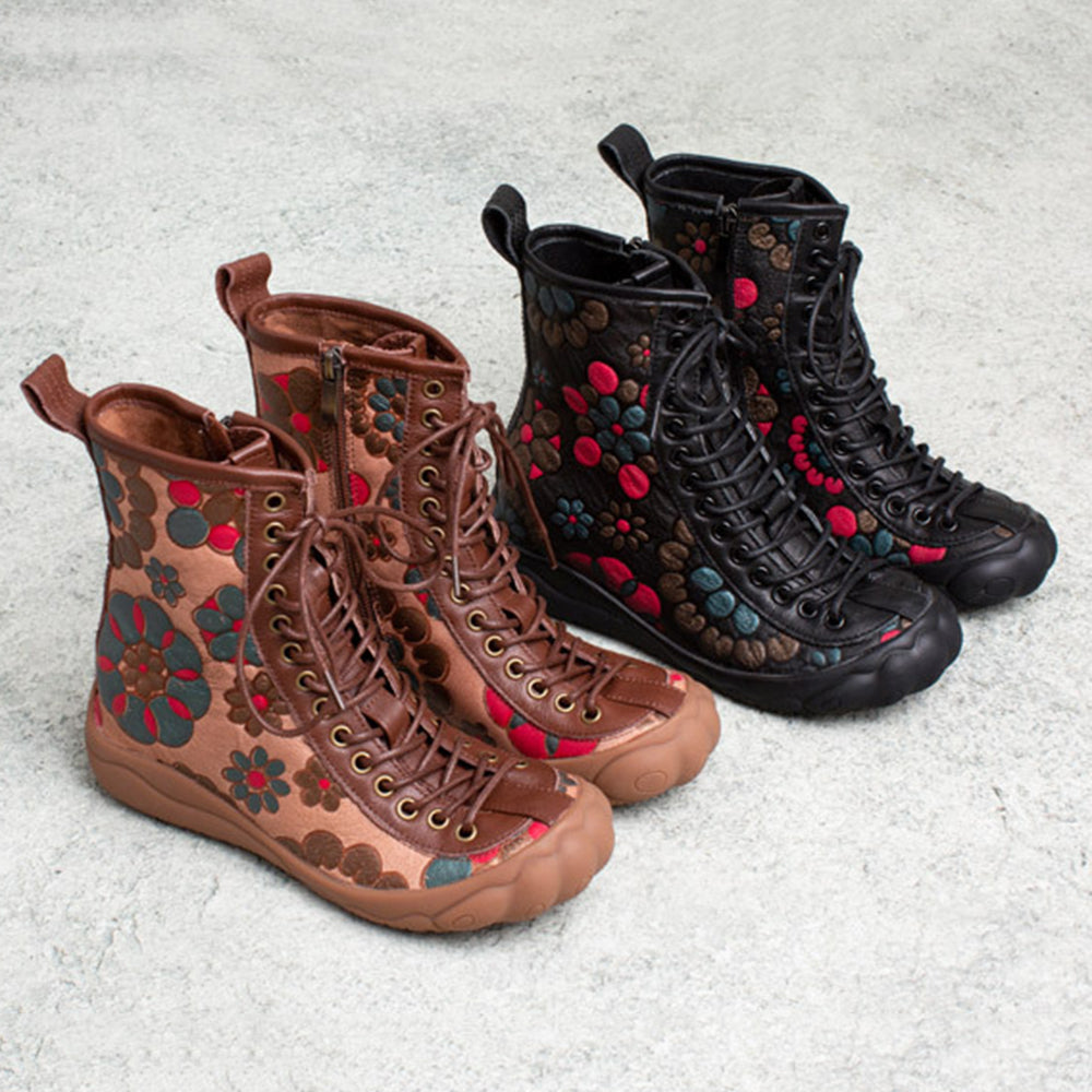 Retro Cowhide Flower Print Lace-up Single Boots