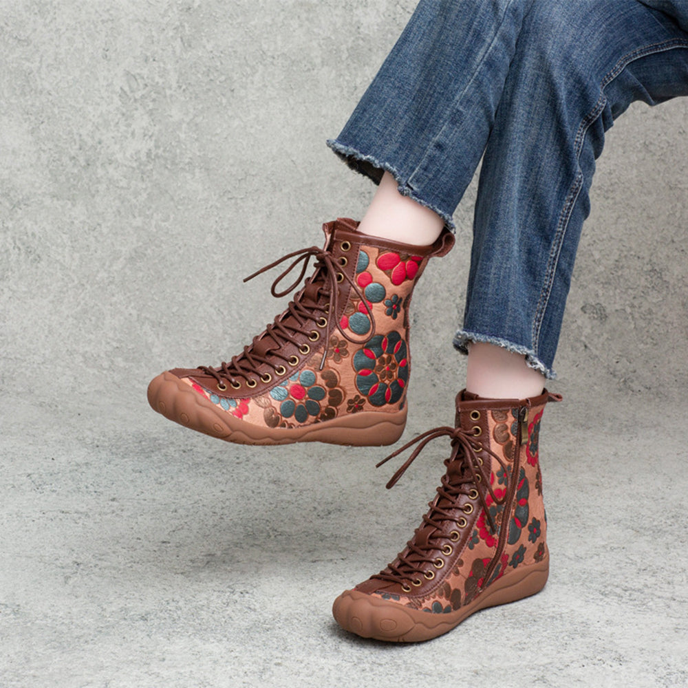 Retro Cowhide Flower Print Lace-up Single Boots