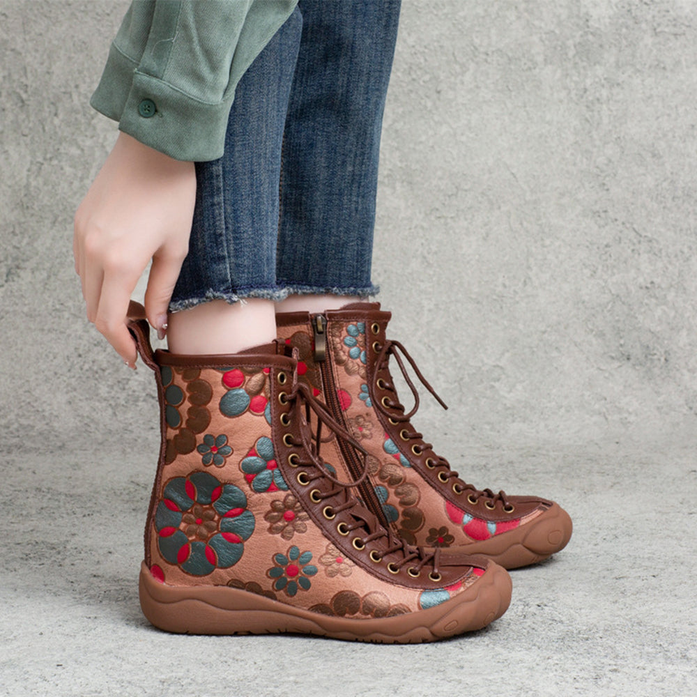 Retro Cowhide Flower Print Lace-up Single Boots