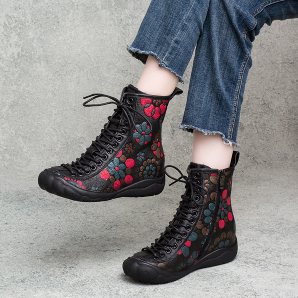 Retro Cowhide Flower Print Lace-up Single Boots