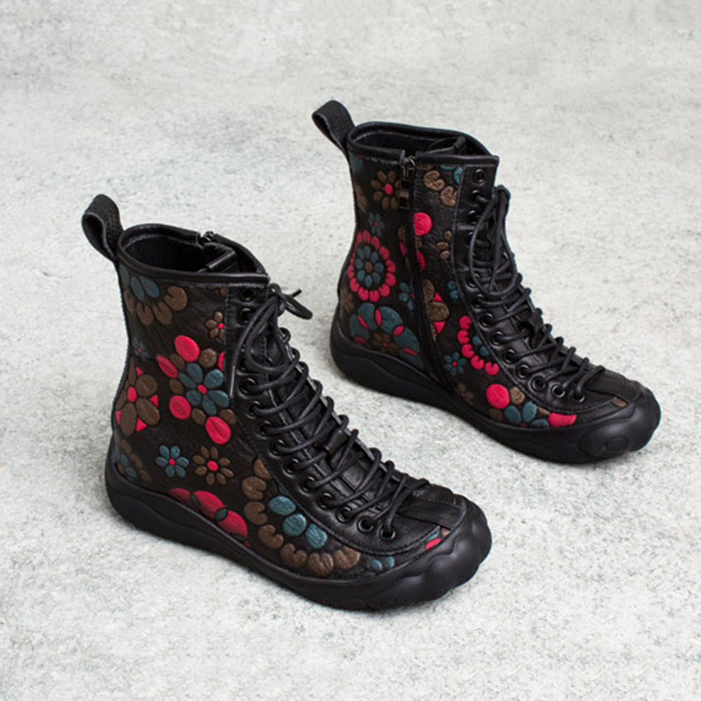 Retro Cowhide Flower Print Lace-up Single Boots