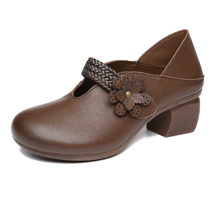 Retro Flower Leather Chunky Heels Women Shoes