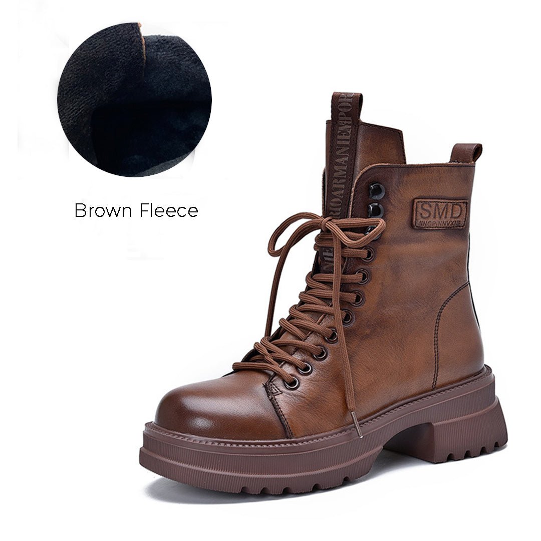 Retro Mid-heel Lace-Up Leather Boots - Luckyback