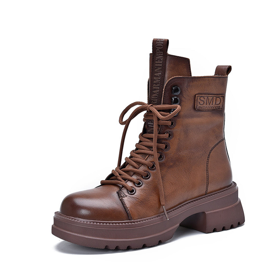 Retro Mid-heel Lace-Up Leather Boots - Luckyback