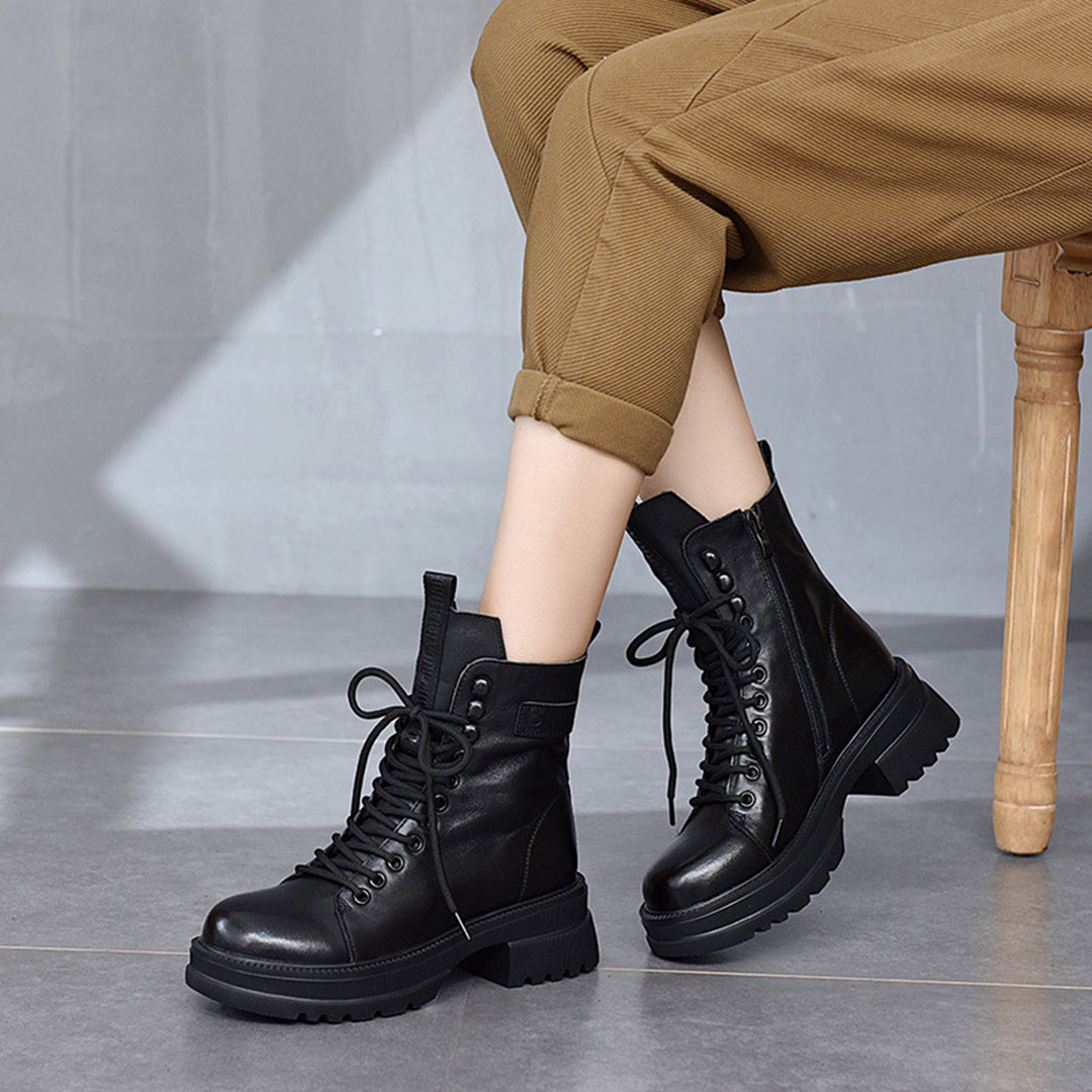 Retro Mid-heel Lace-Up Leather Boots - Luckyback