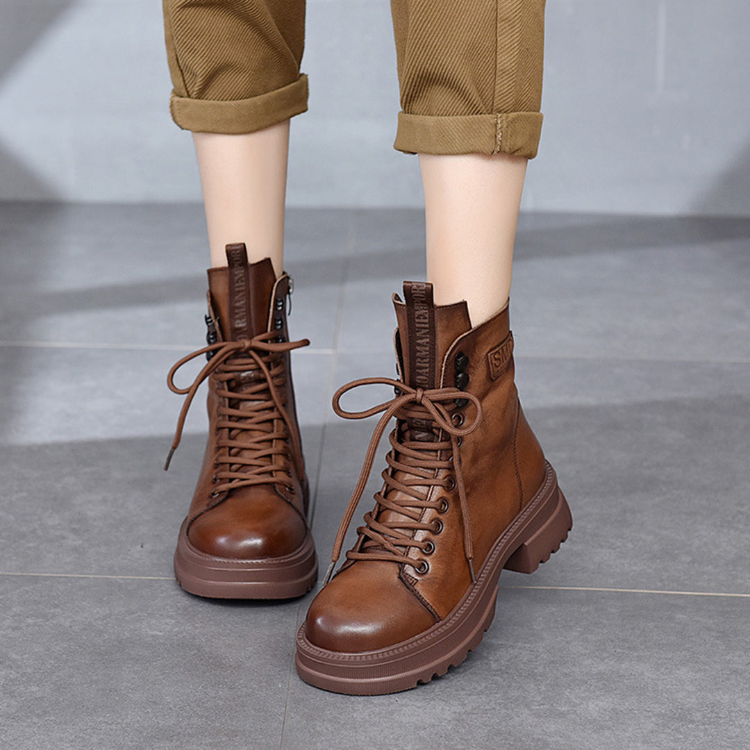 Retro Mid-heel Lace-Up Leather Boots - Luckyback