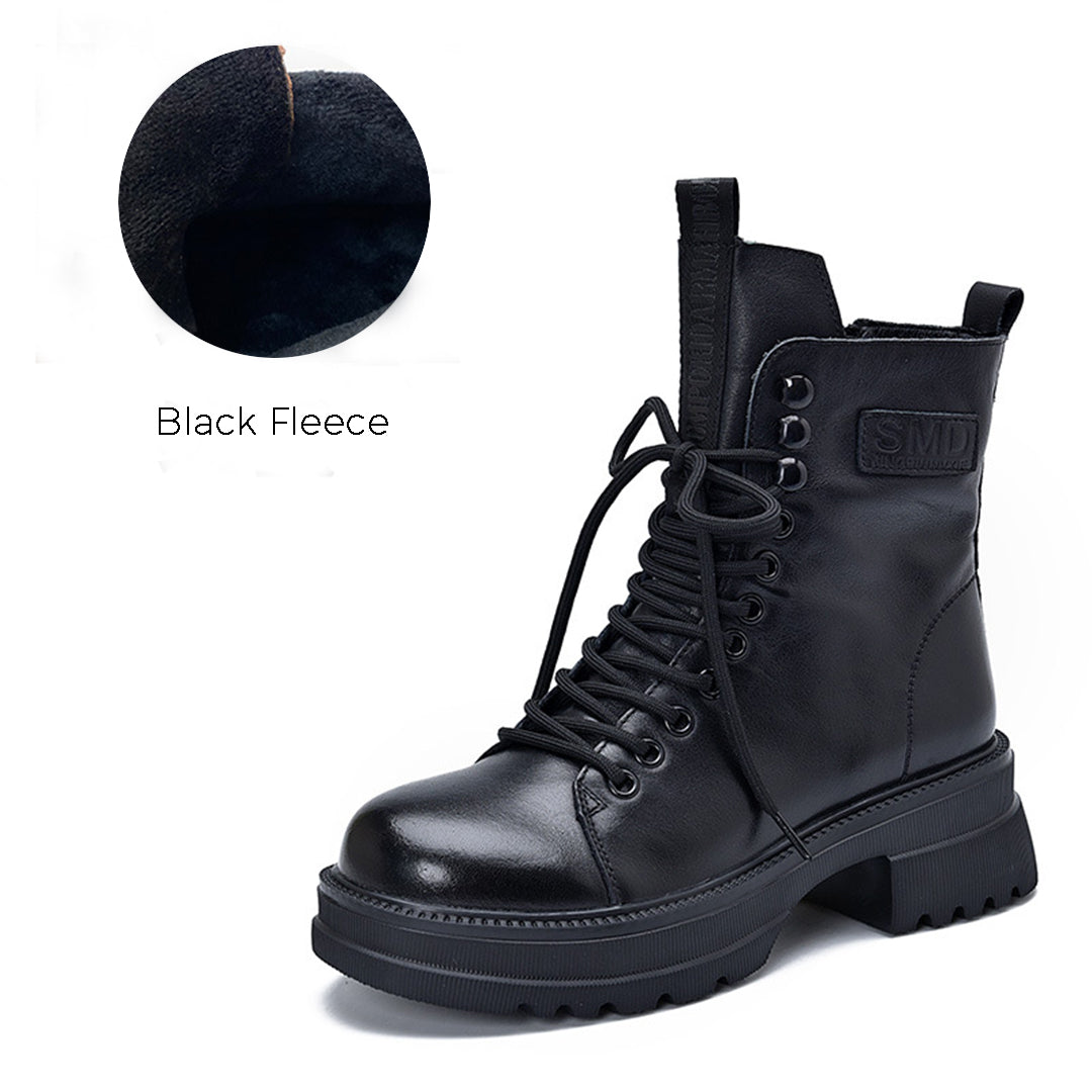 Retro Mid-heel Lace-Up Leather Boots - Luckyback