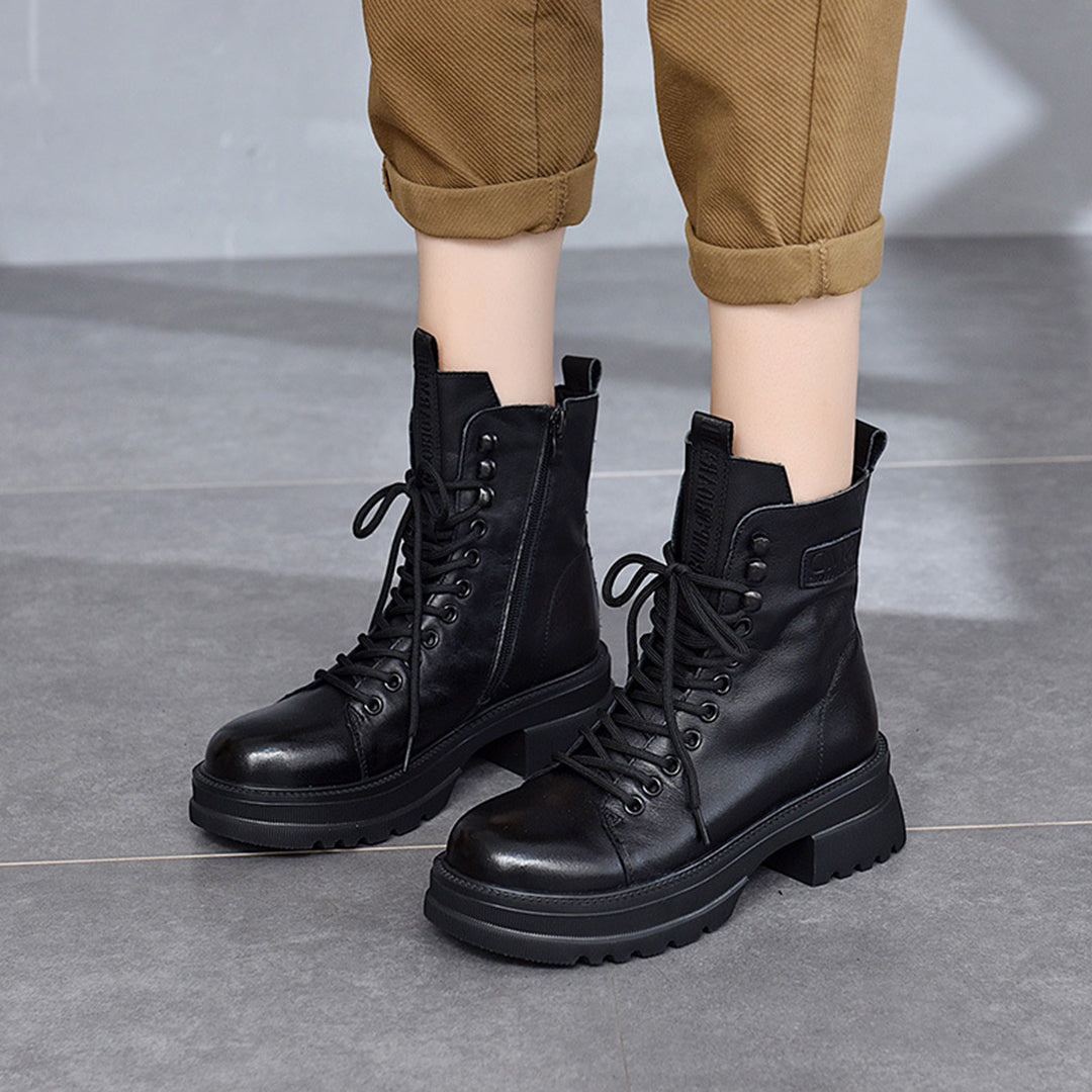 Retro Mid-heel Lace-Up Leather Boots - Luckyback