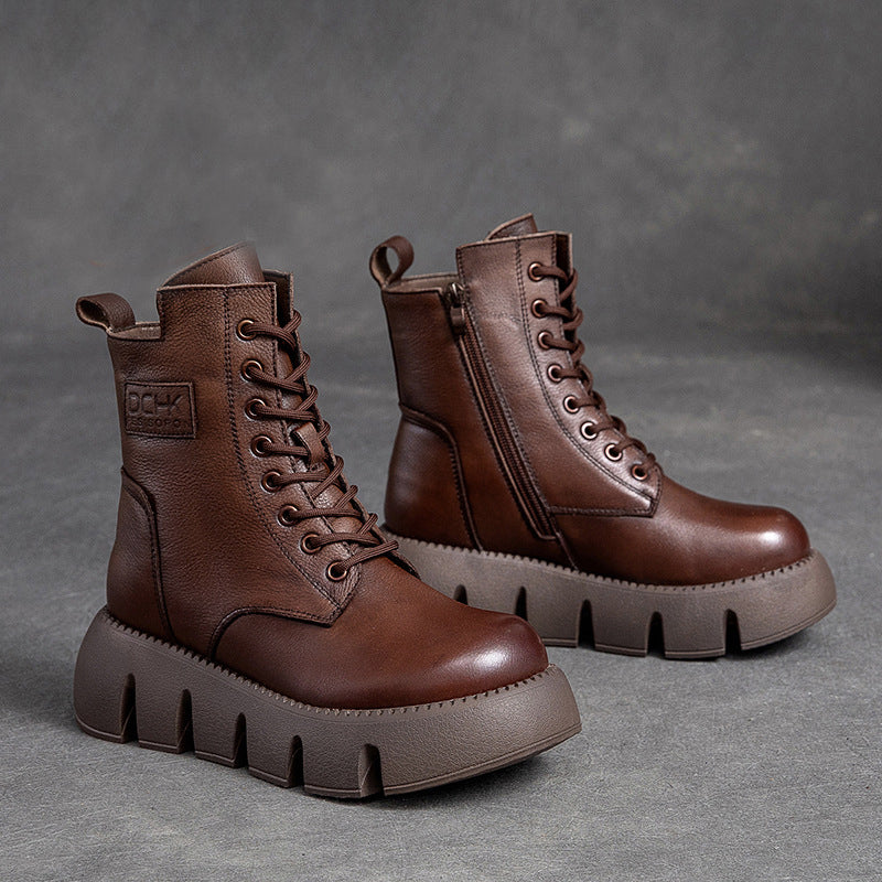 Retro Platform Fleece Leather Boots - Luckyback