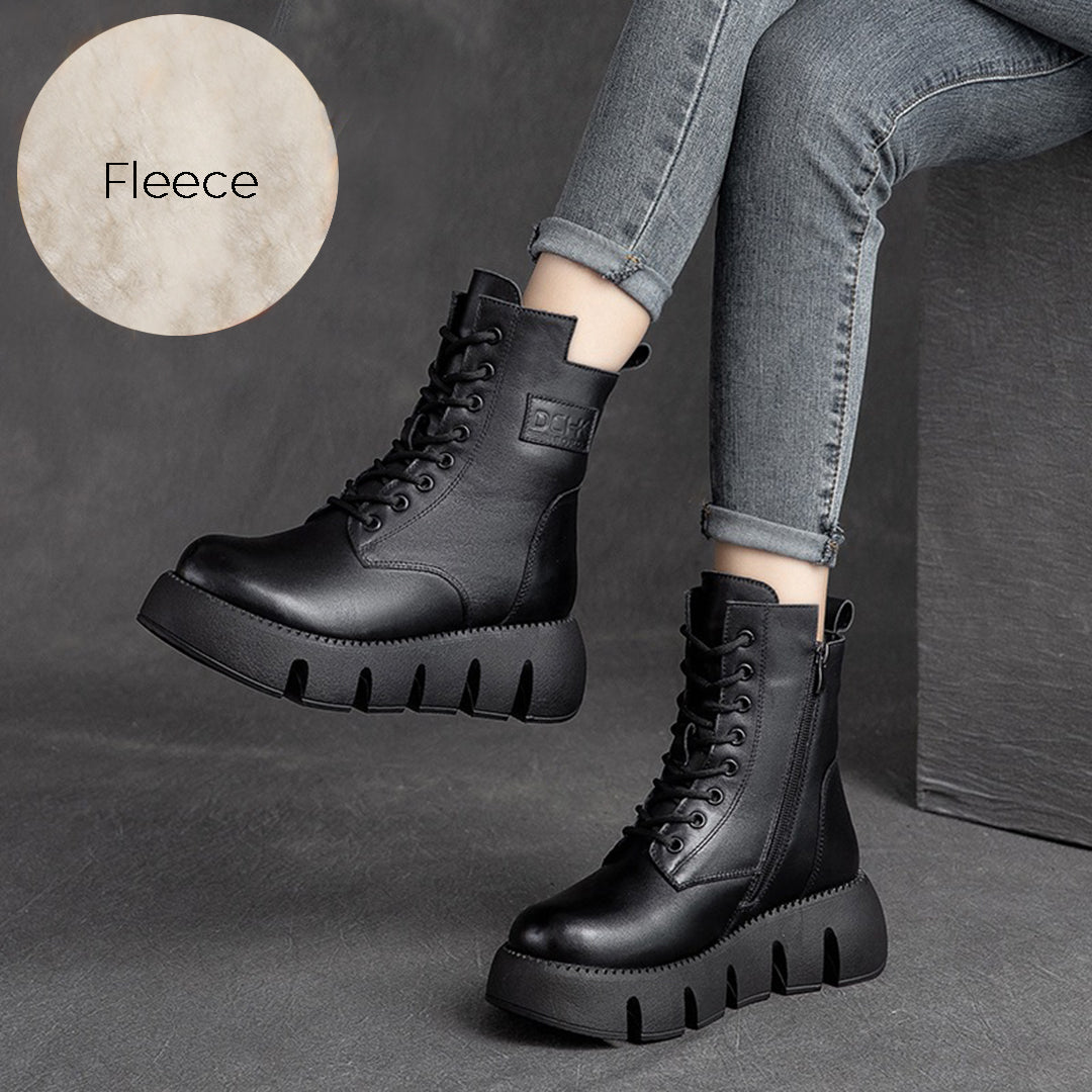 Retro Platform Fleece Leather Boots - Luckyback