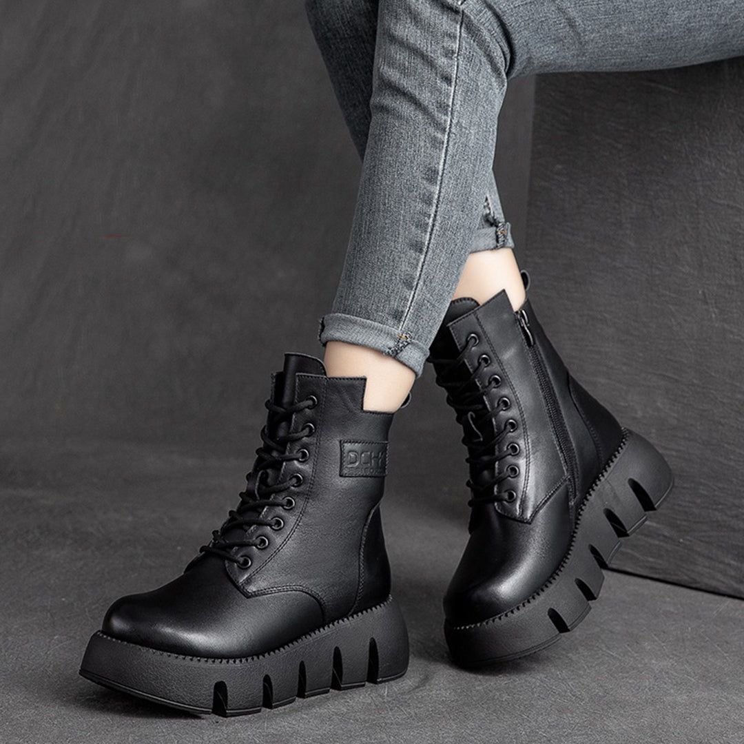 Retro Platform Fleece Leather Boots - Luckyback