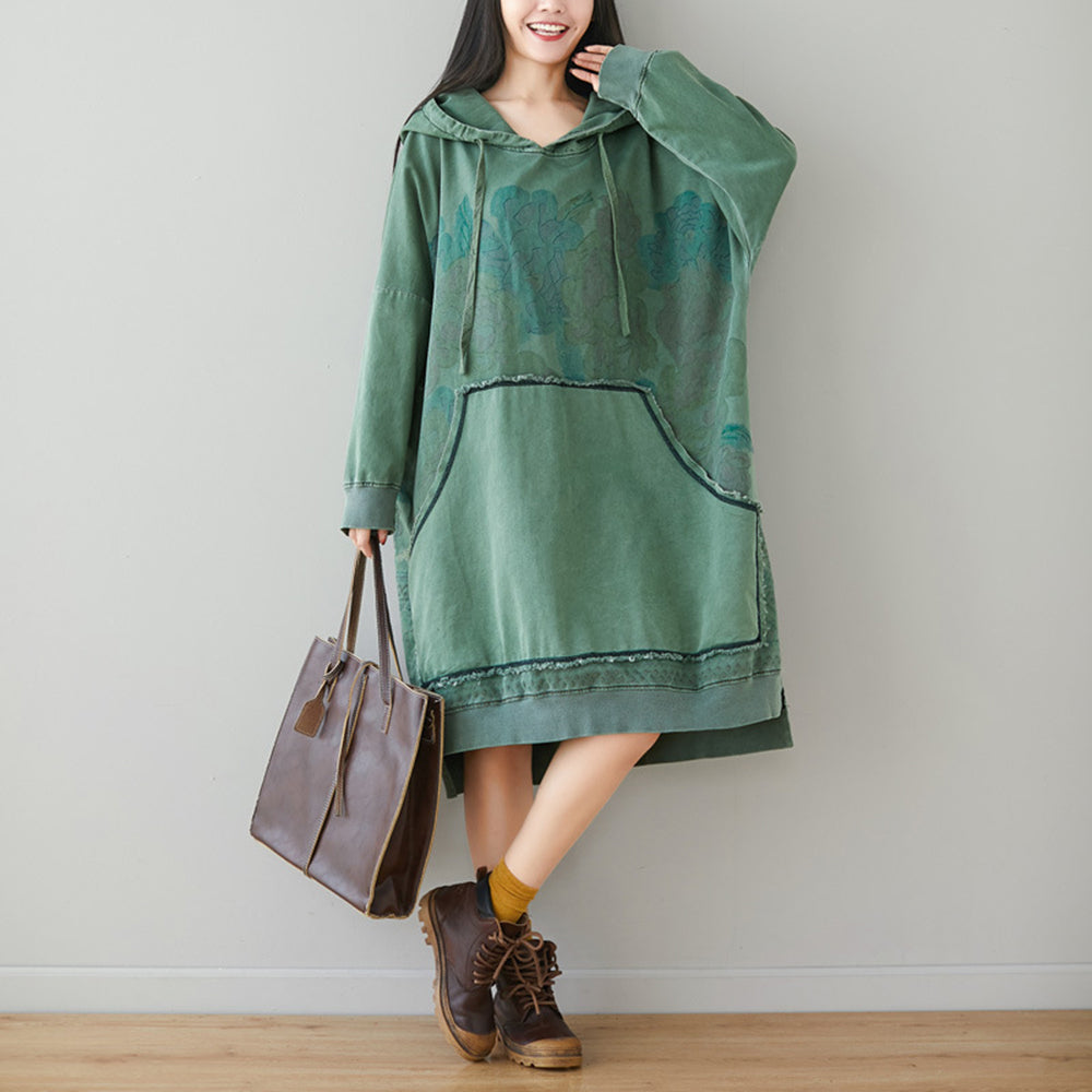 Retro Printed High-Low Hooded Dress With Large Pocket