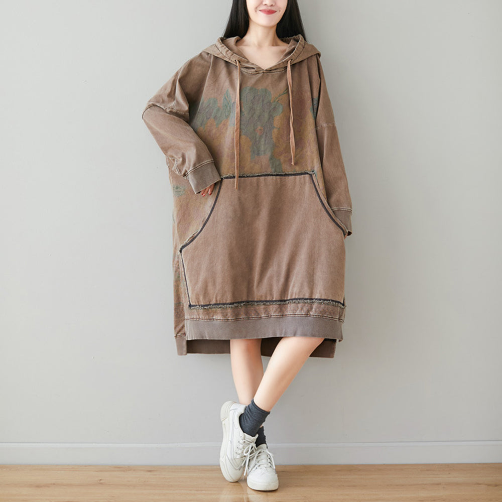 Retro Printed High-Low Hooded Dress With Large Pocket