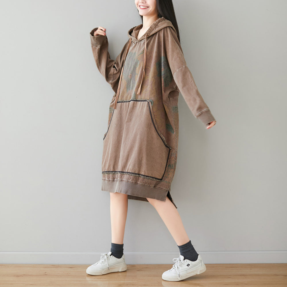 Retro Printed High-Low Hooded Dress With Large Pocket
