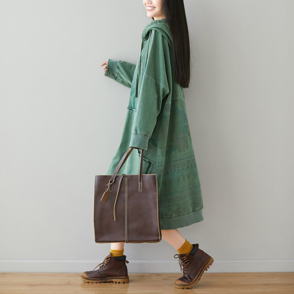 Retro Printed High-Low Hooded Dress With Large Pocket