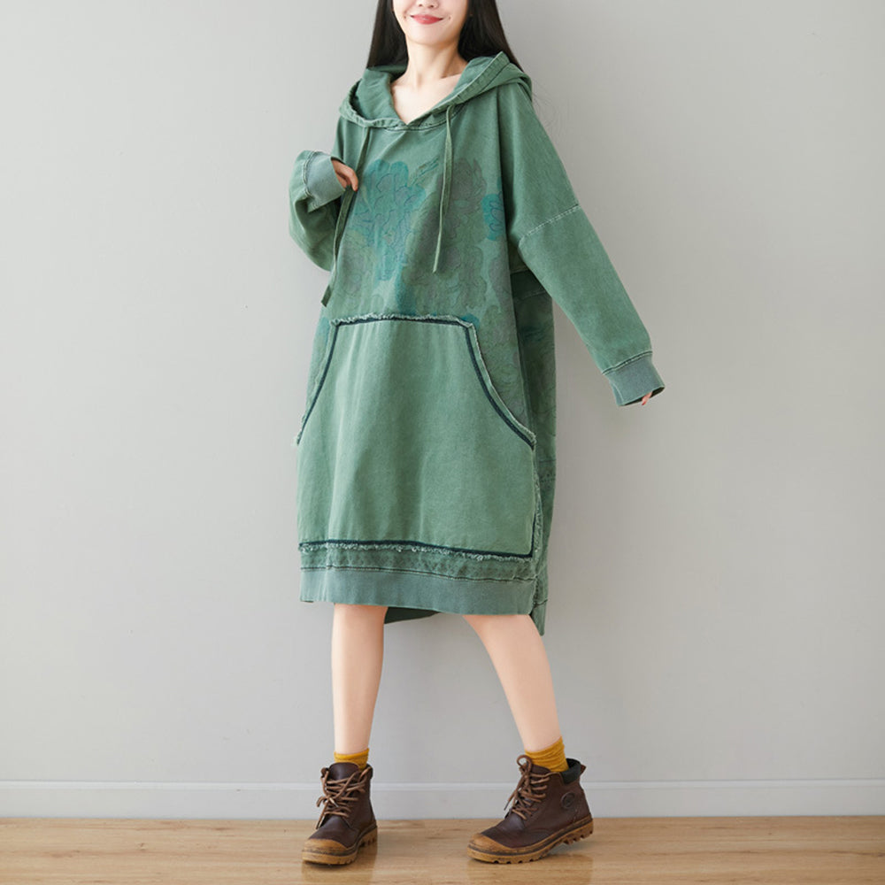 Retro Printed High-Low Hooded Dress With Large Pocket