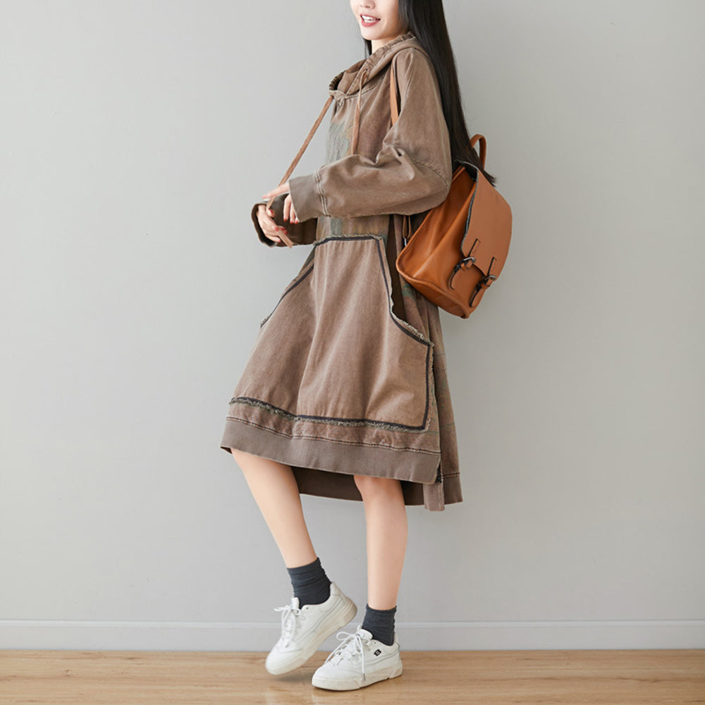 Retro Printed High-Low Hooded Dress With Large Pocket