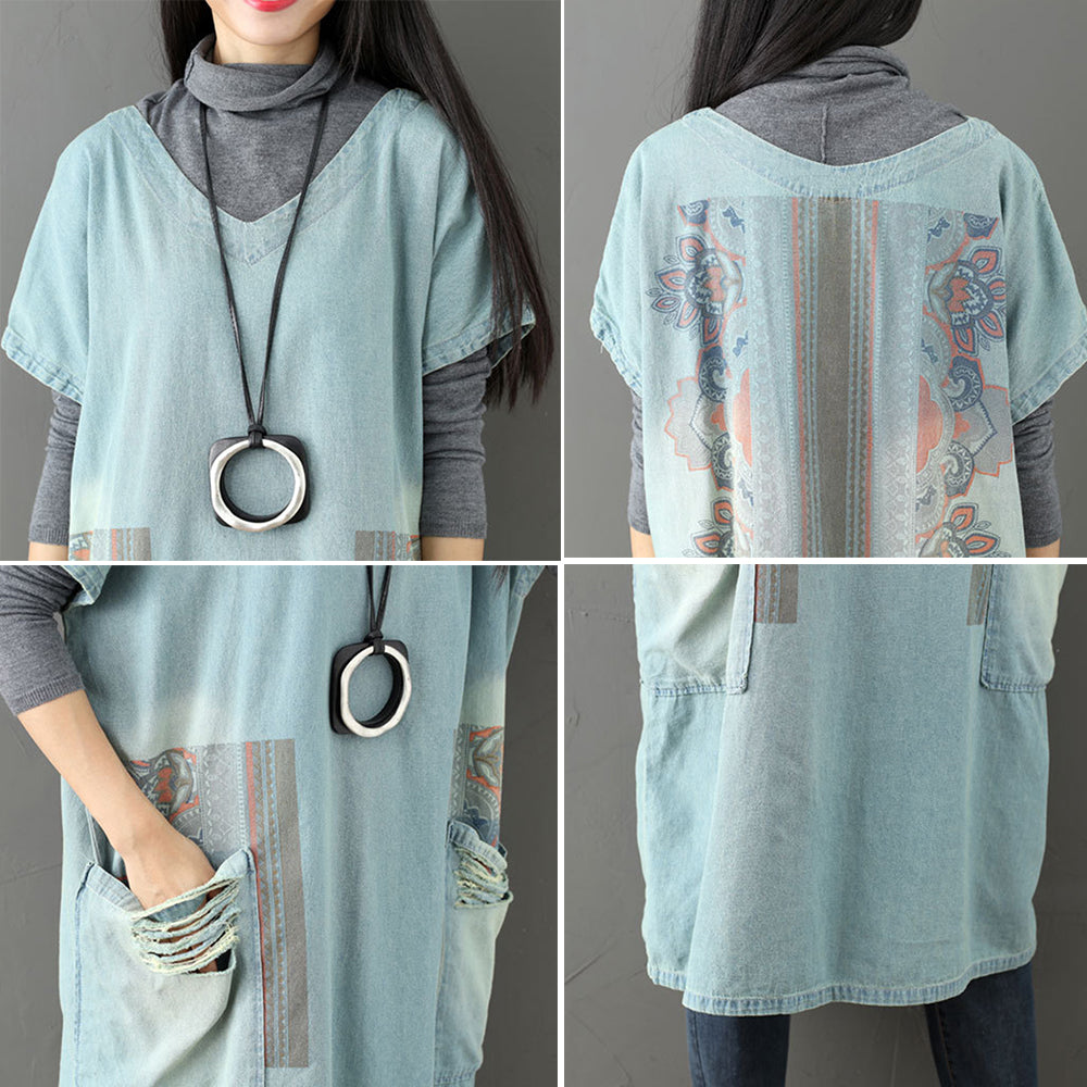 Retro Printed Loose Fit V-neck Dress