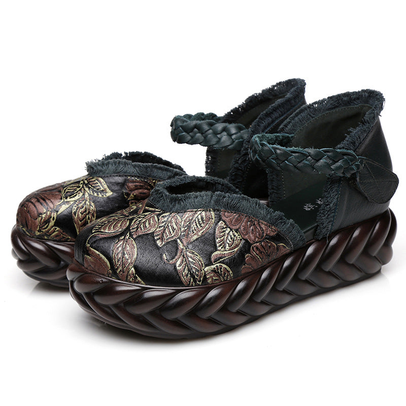 Retro Printed Raw Edge Ethnic Style Wedge Single Shoes