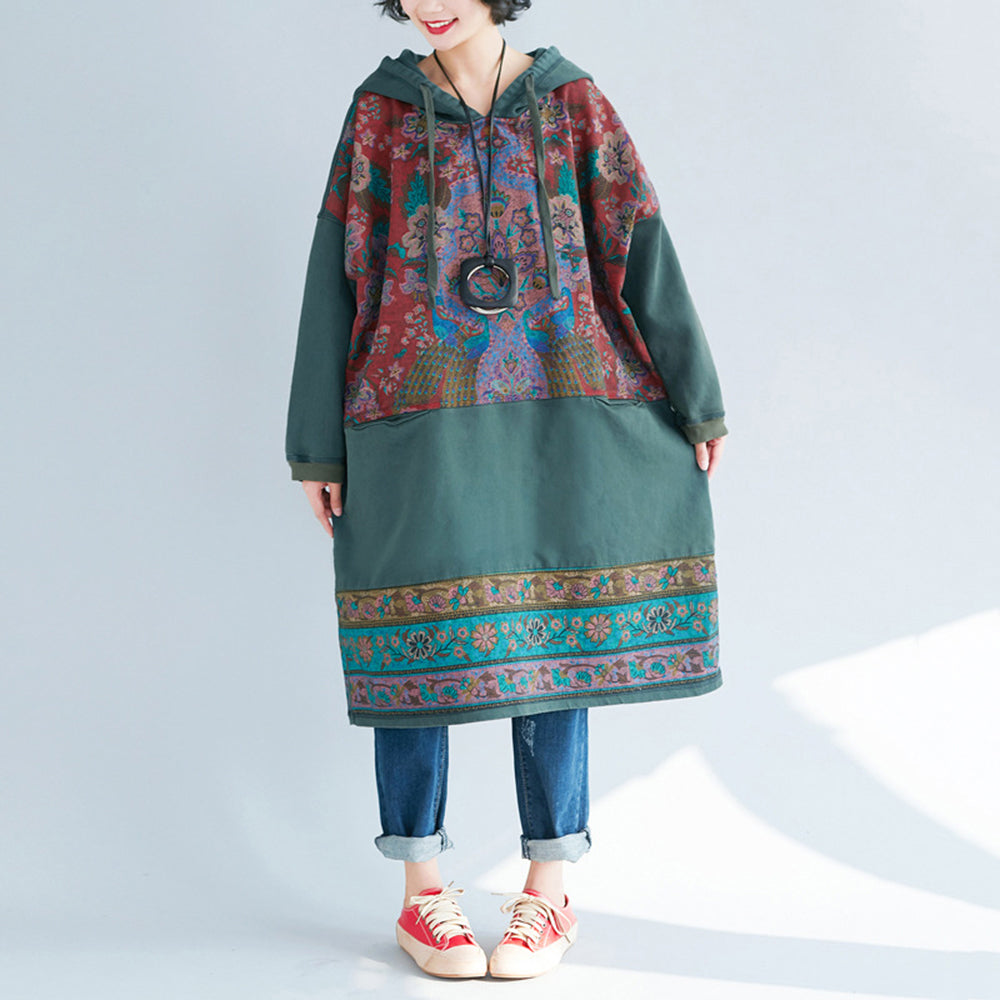 Retro Printed Stitched Hooded Dress