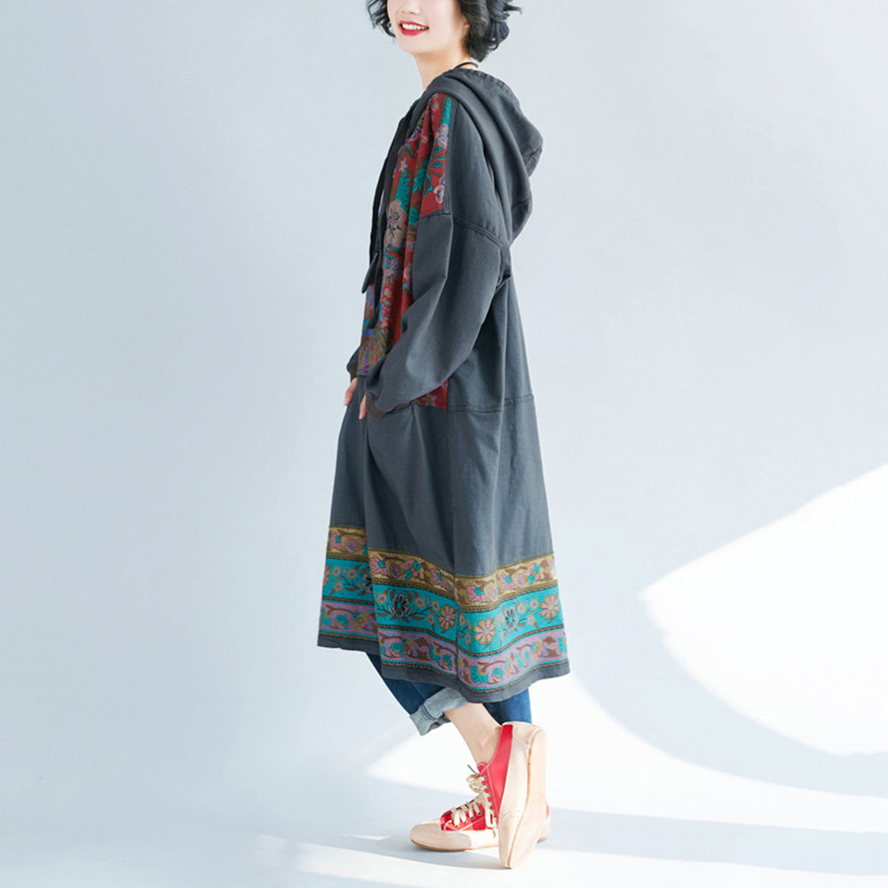 Retro Printed Stitched Hooded Dress