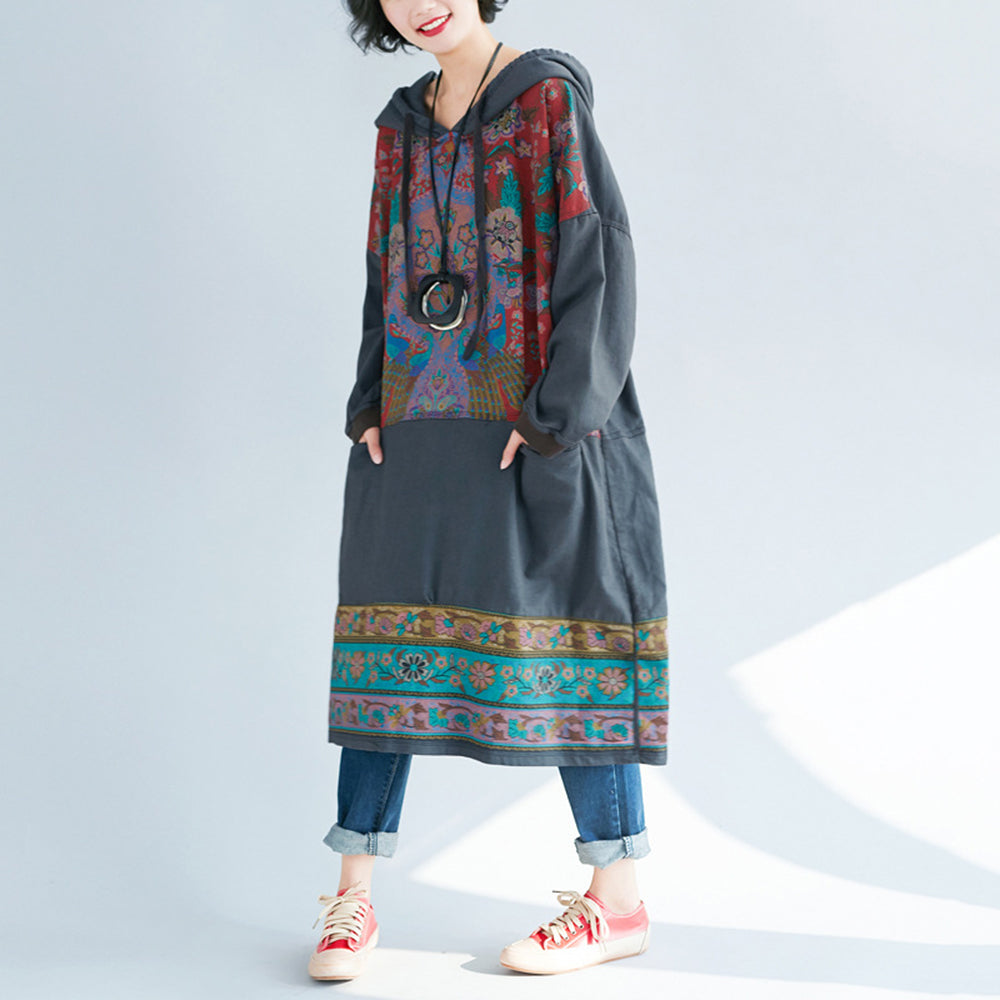 Retro Printed Stitched Hooded Dress