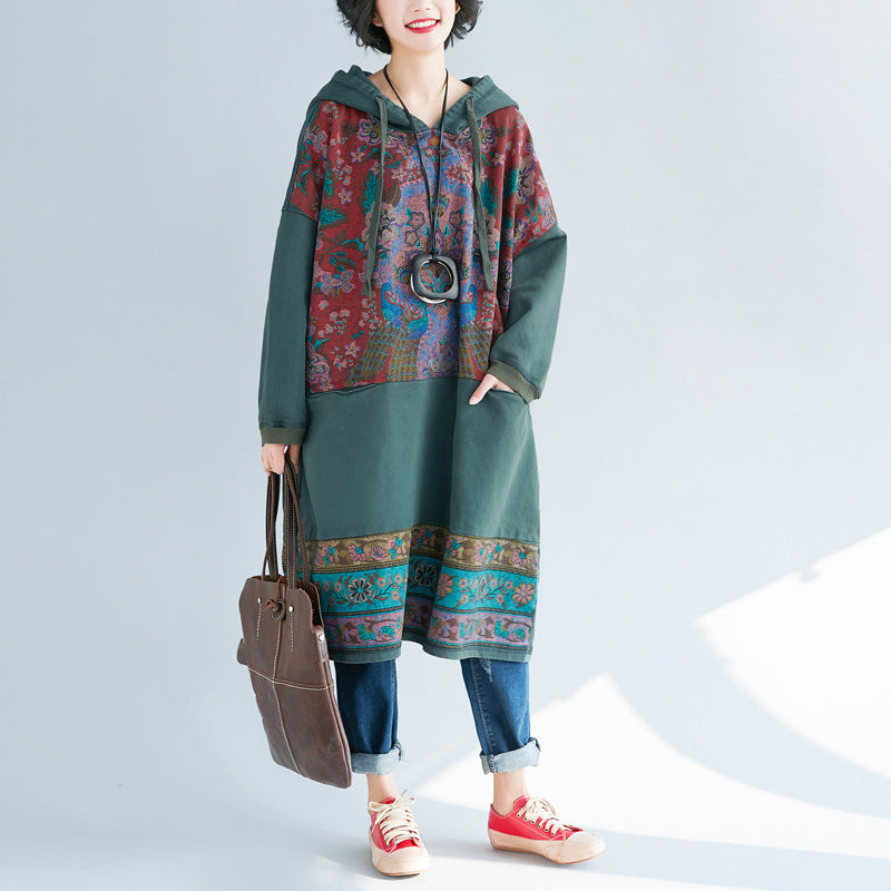 Retro Printed Stitched Hooded Dress