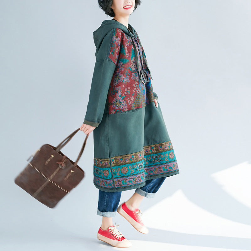 Retro Printed Stitched Hooded Dress