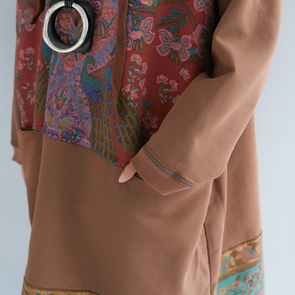 Retro Printed Stitched Hooded Dress