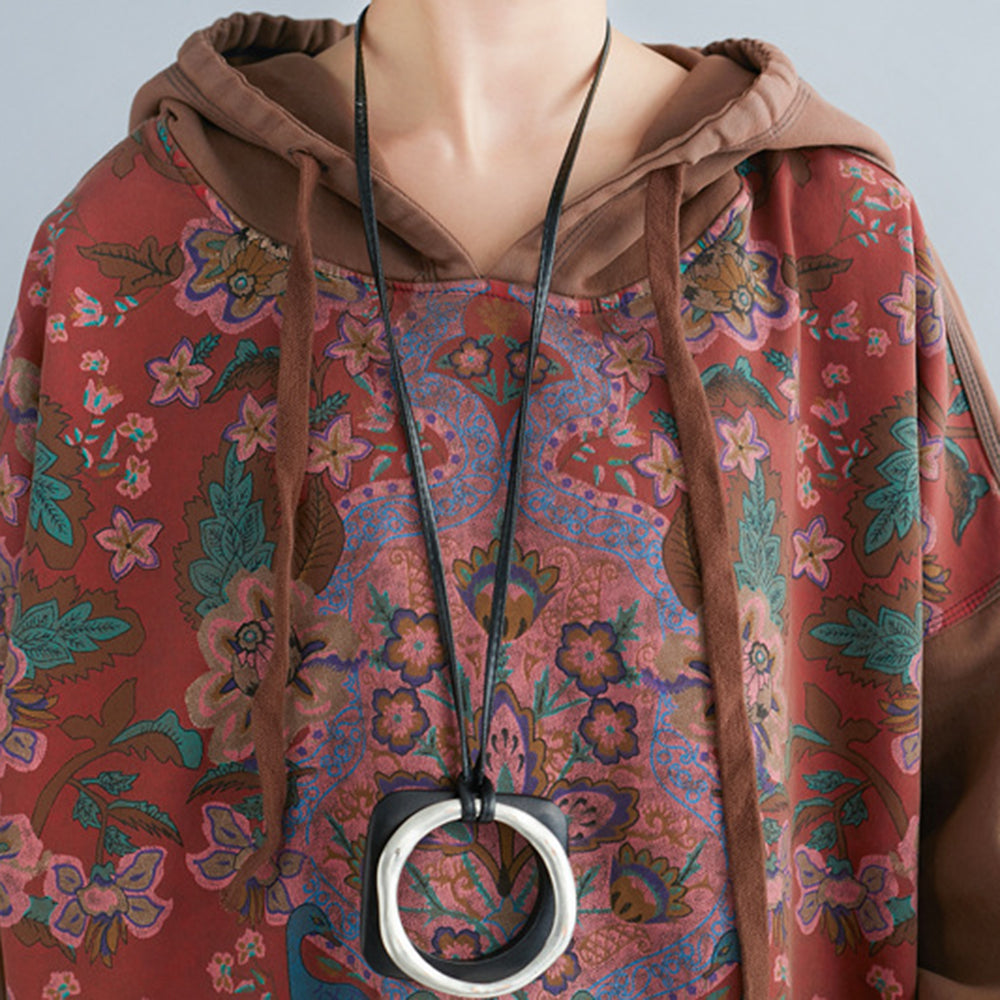 Retro Printed Stitched Hooded Dress