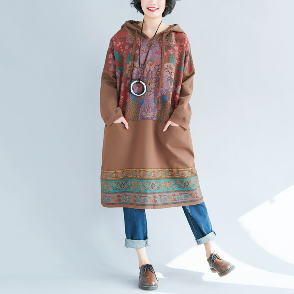 Retro Printed Stitched Hooded Dress