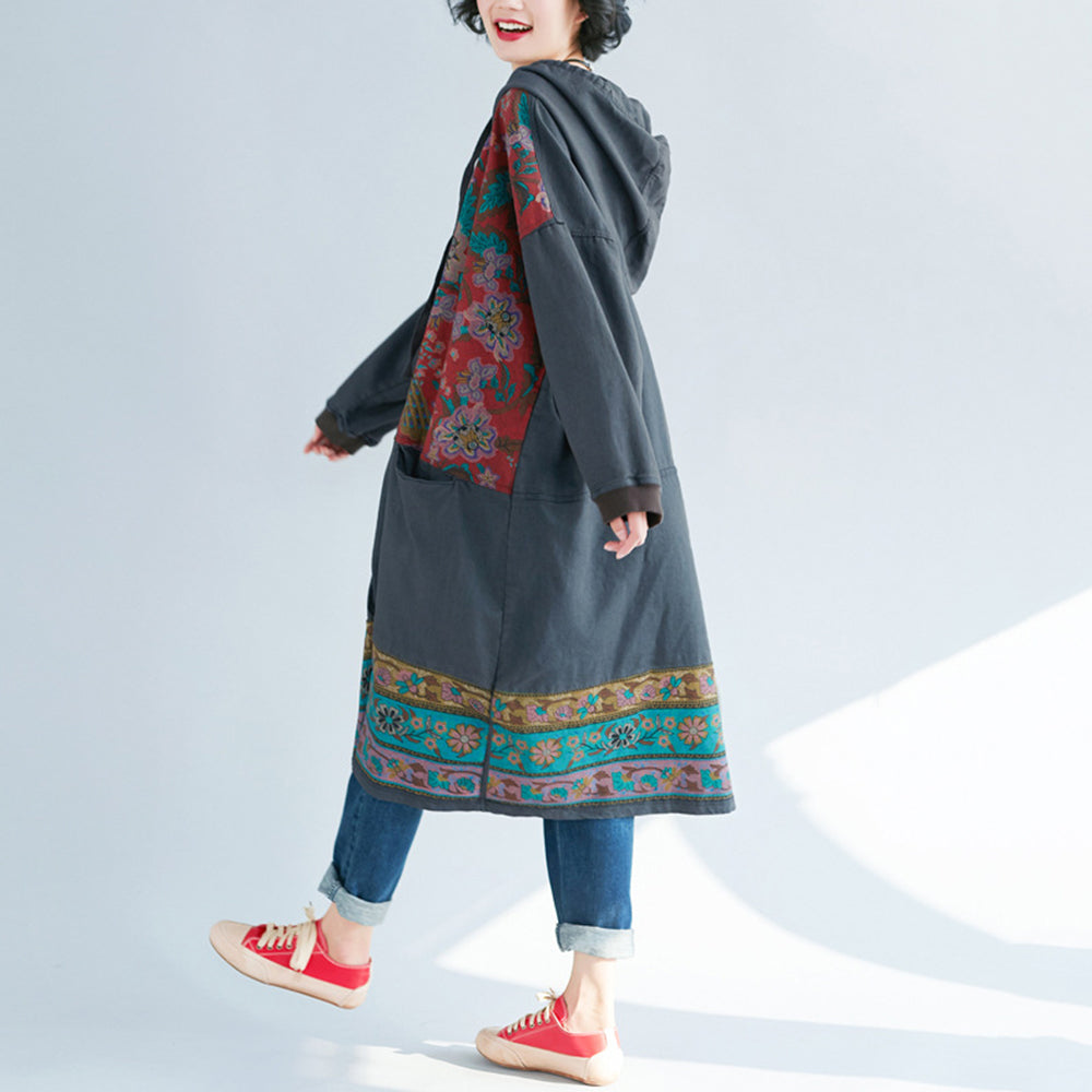 Retro Printed Stitched Hooded Dress