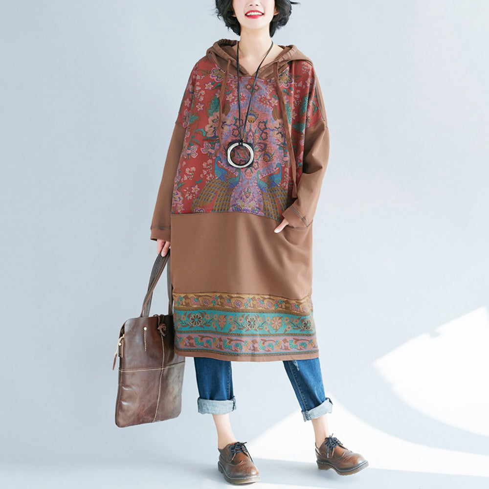 Retro Printed Stitched Hooded Dress