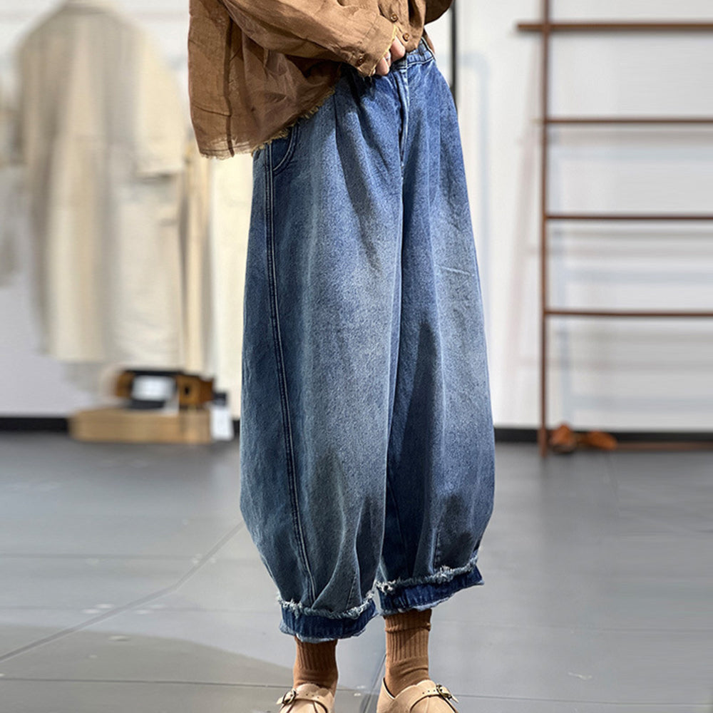 Retro Raw Edge Casual Loose Fit Denim Pants