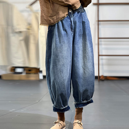 Retro Raw Edge Casual Loose Fit Denim Pants