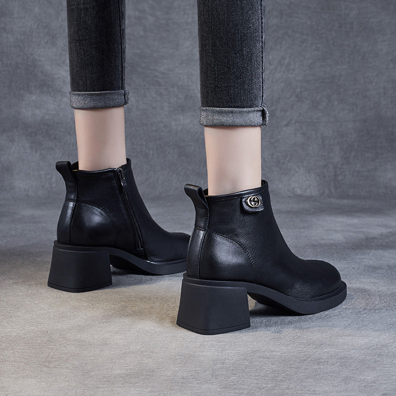 Retro Solid Leather Casual Wedge Boots With Rear Zipper