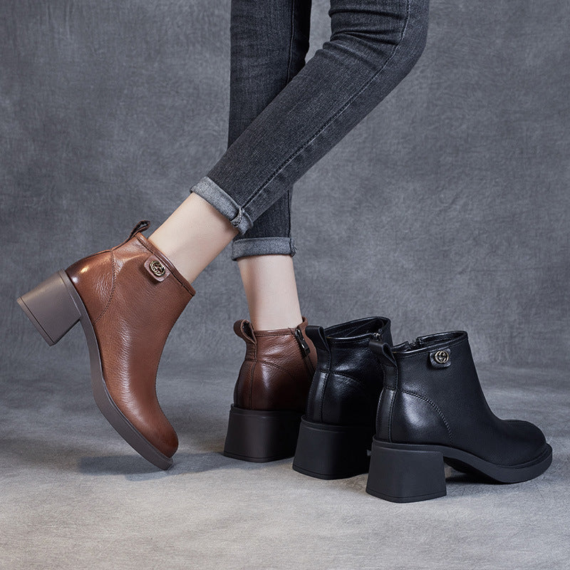 Retro Solid Leather Casual Wedge Boots With Rear Zipper