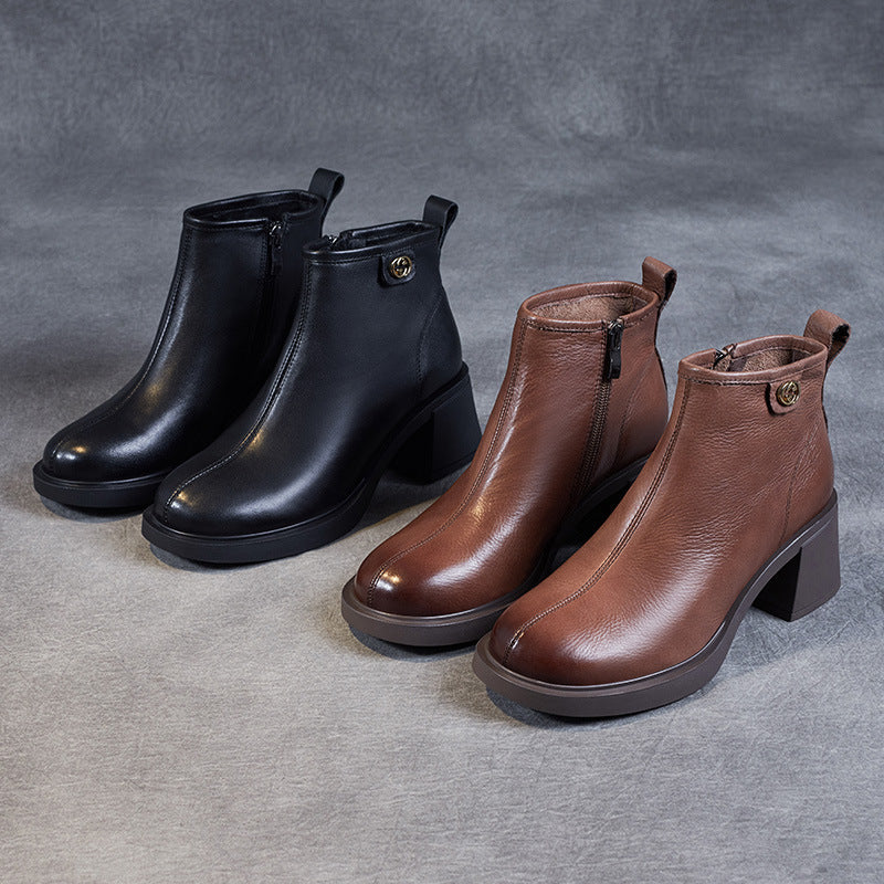 Retro Solid Leather Casual Wedge Boots With Rear Zipper