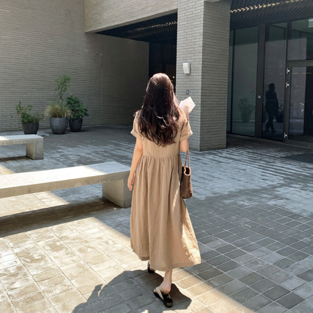 Revere Neck Linen Loose Fit Dress - Luckyback