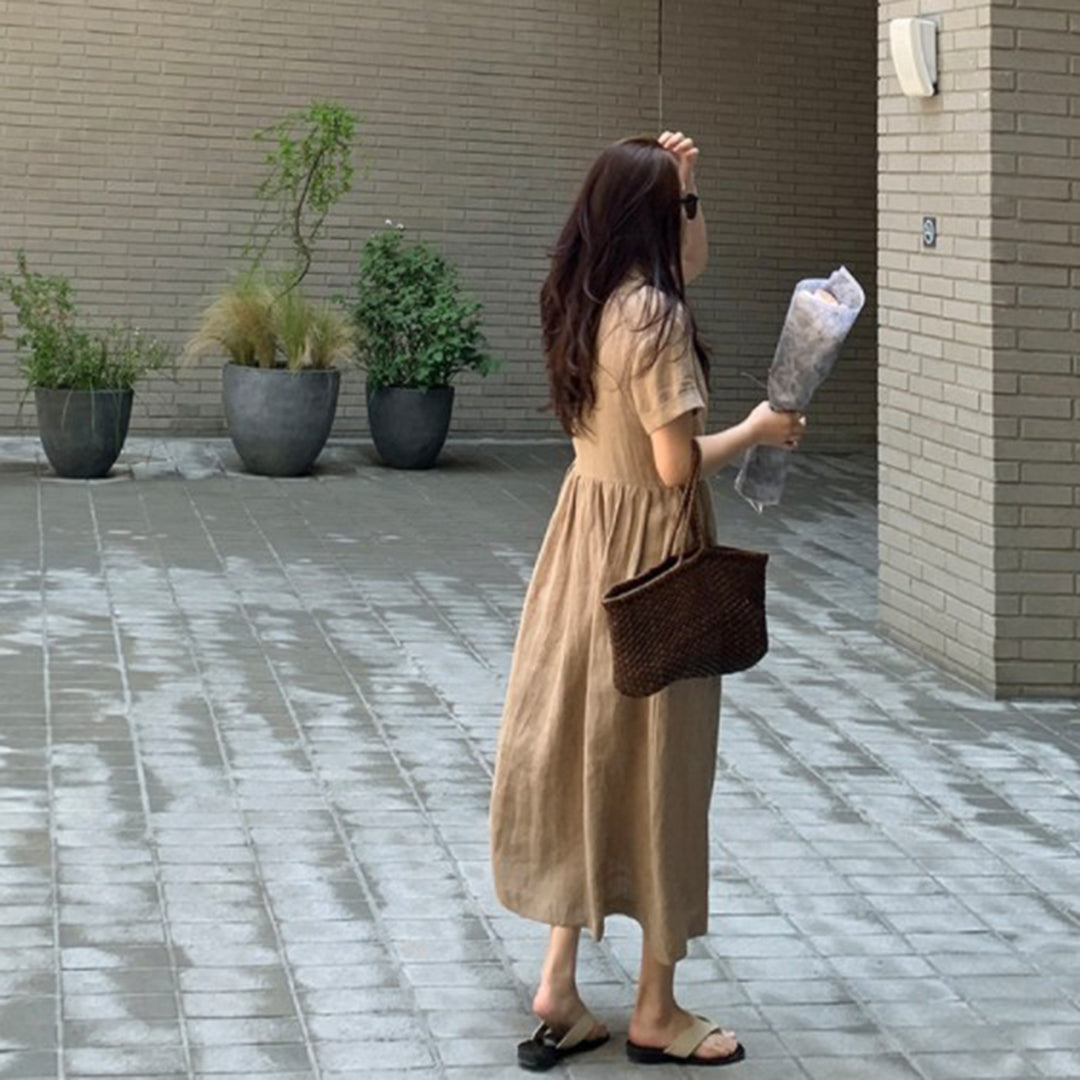 Revere Neck Linen Loose Fit Dress - Luckyback