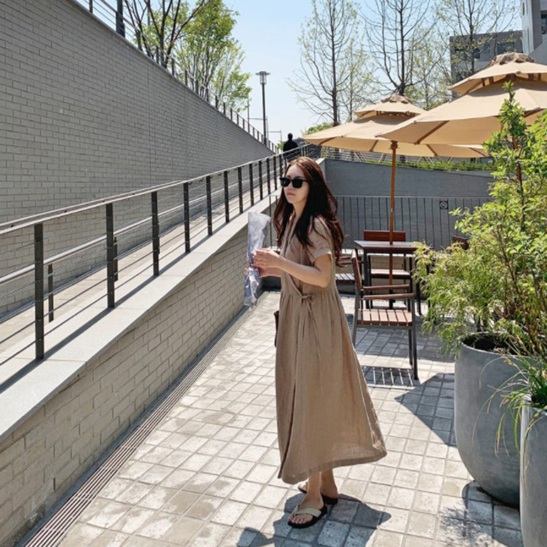 Revere Neck Linen Loose Fit Dress - Luckyback