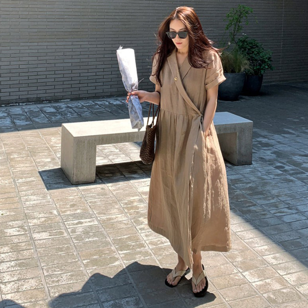 Revere Neck Linen Loose Fit Dress - Luckyback