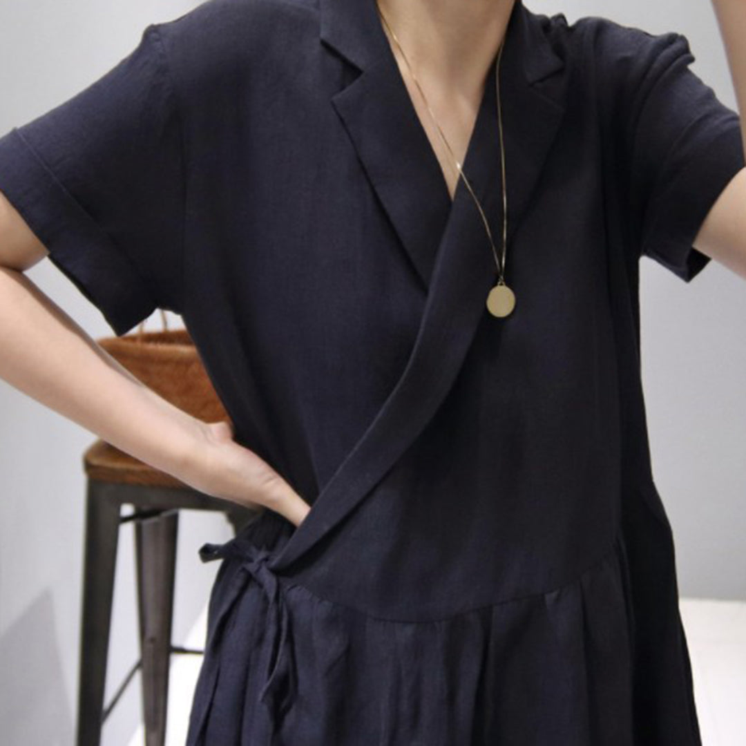 Revere Neck Linen Loose Fit Dress - Luckyback