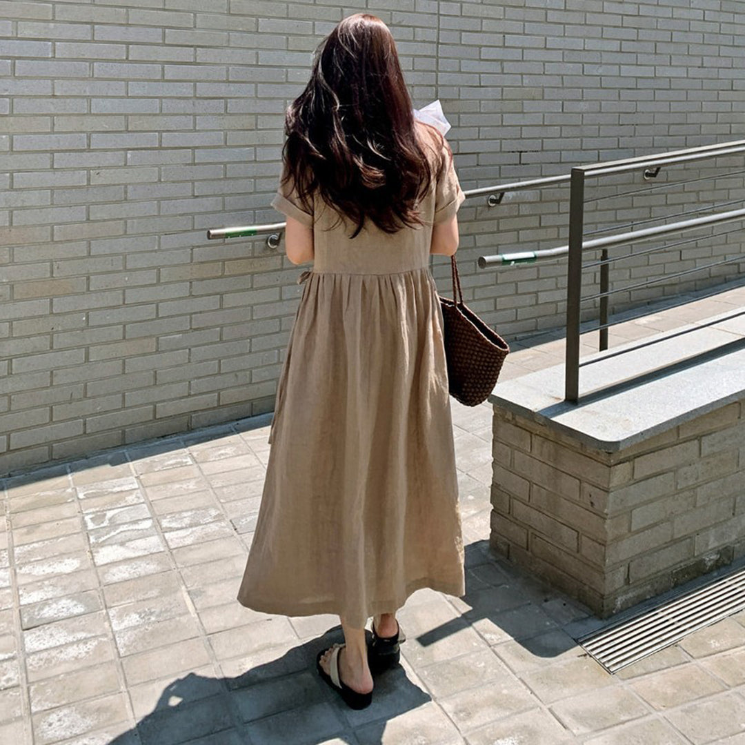 Revere Neck Linen Loose Fit Dress - Luckyback