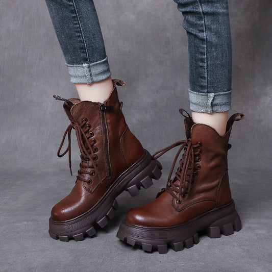 Round Toe Lace-Up Platform Leather Boots - Luckyback