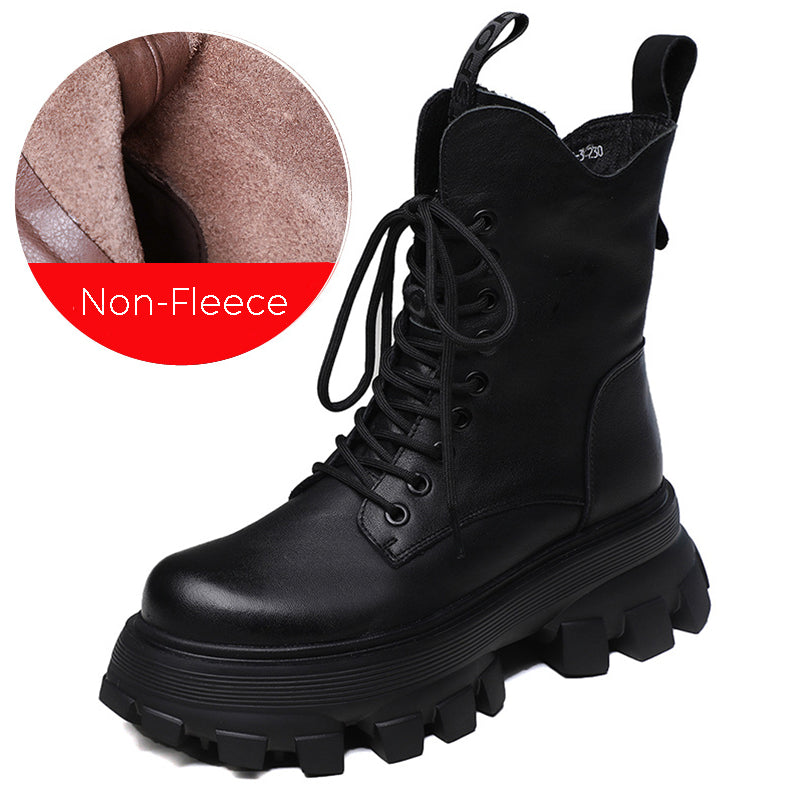 Round Toe Lace-Up Platform Leather Boots - Luckyback