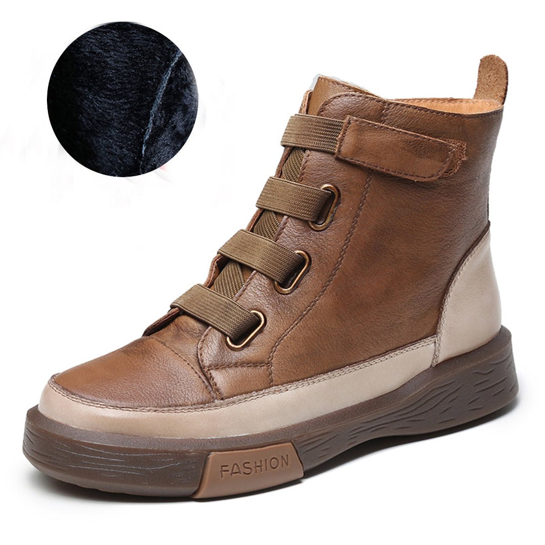 Round Toe Velcro Leather Ankle Boots - Luckyback