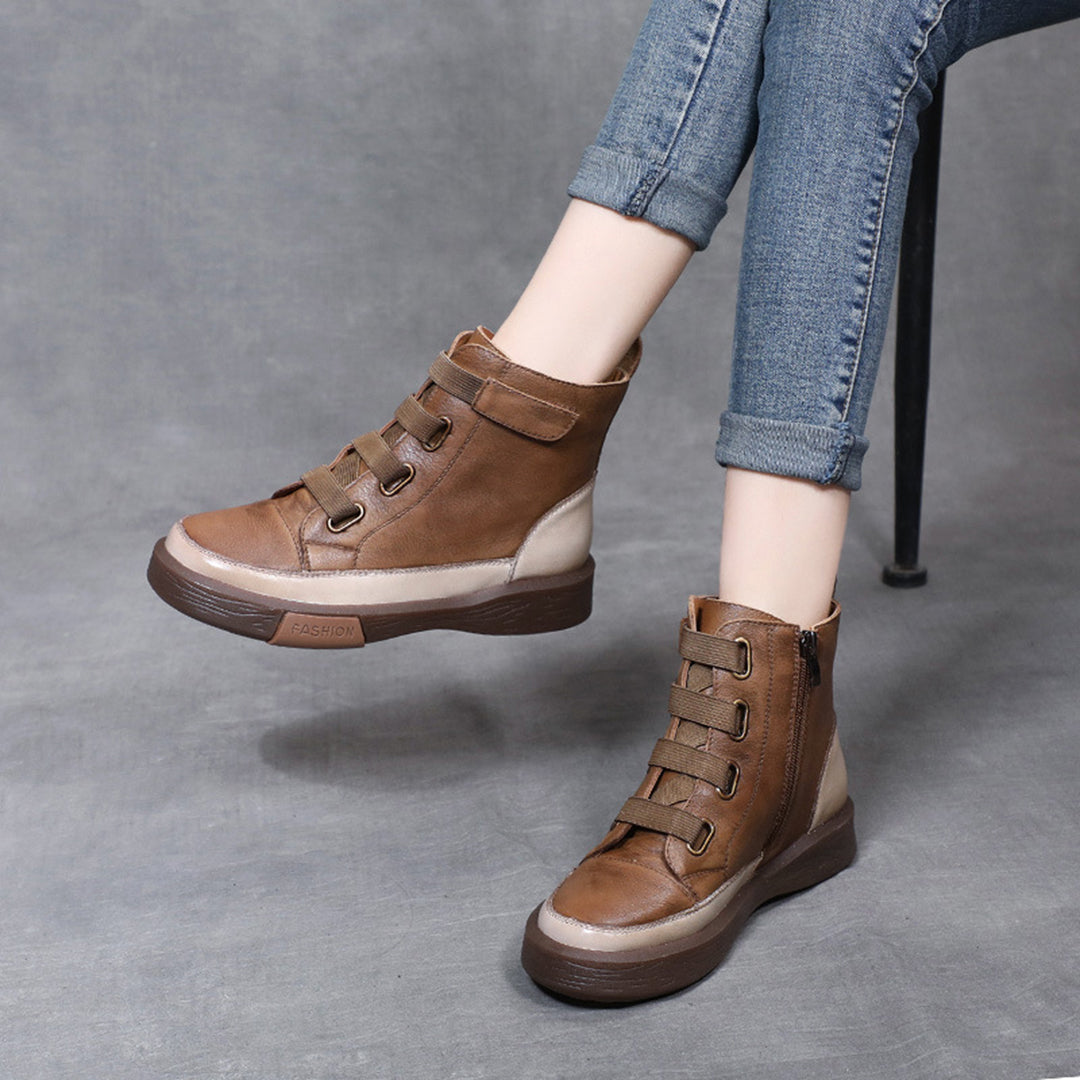Round Toe Velcro Leather Ankle Boots - Luckyback